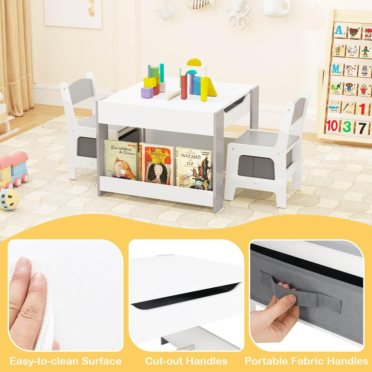 4-in-1 Kids Table and Chair Set, Wooden Activity Table, 2-in-1 Detachable Tabletop Table & Chair Set for Classroom