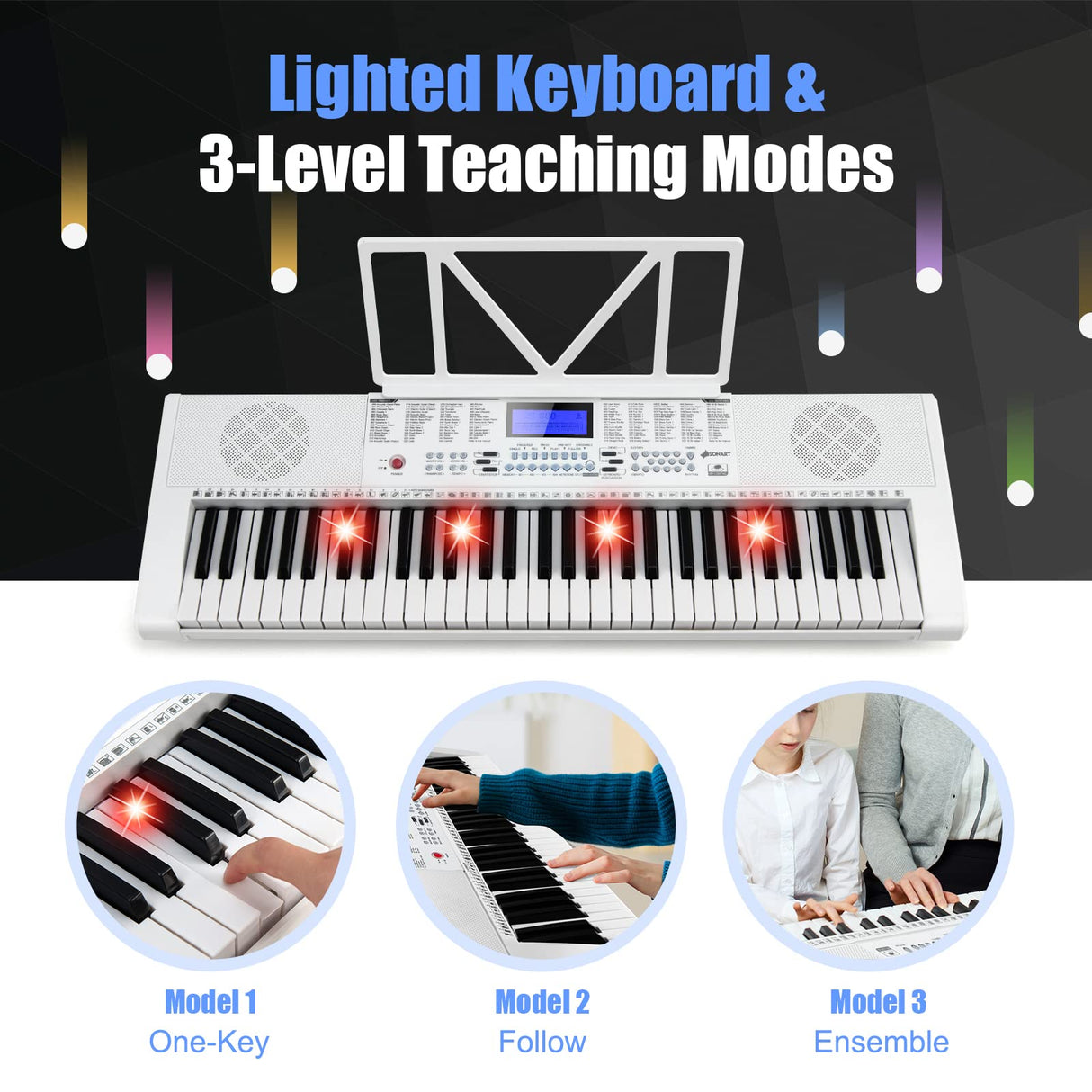 HONEY JOY 61 Key Piano Keyboard, Portable Electronic Keyboard Piano with Lighted Keys, LCD Screen, Headphones (White)