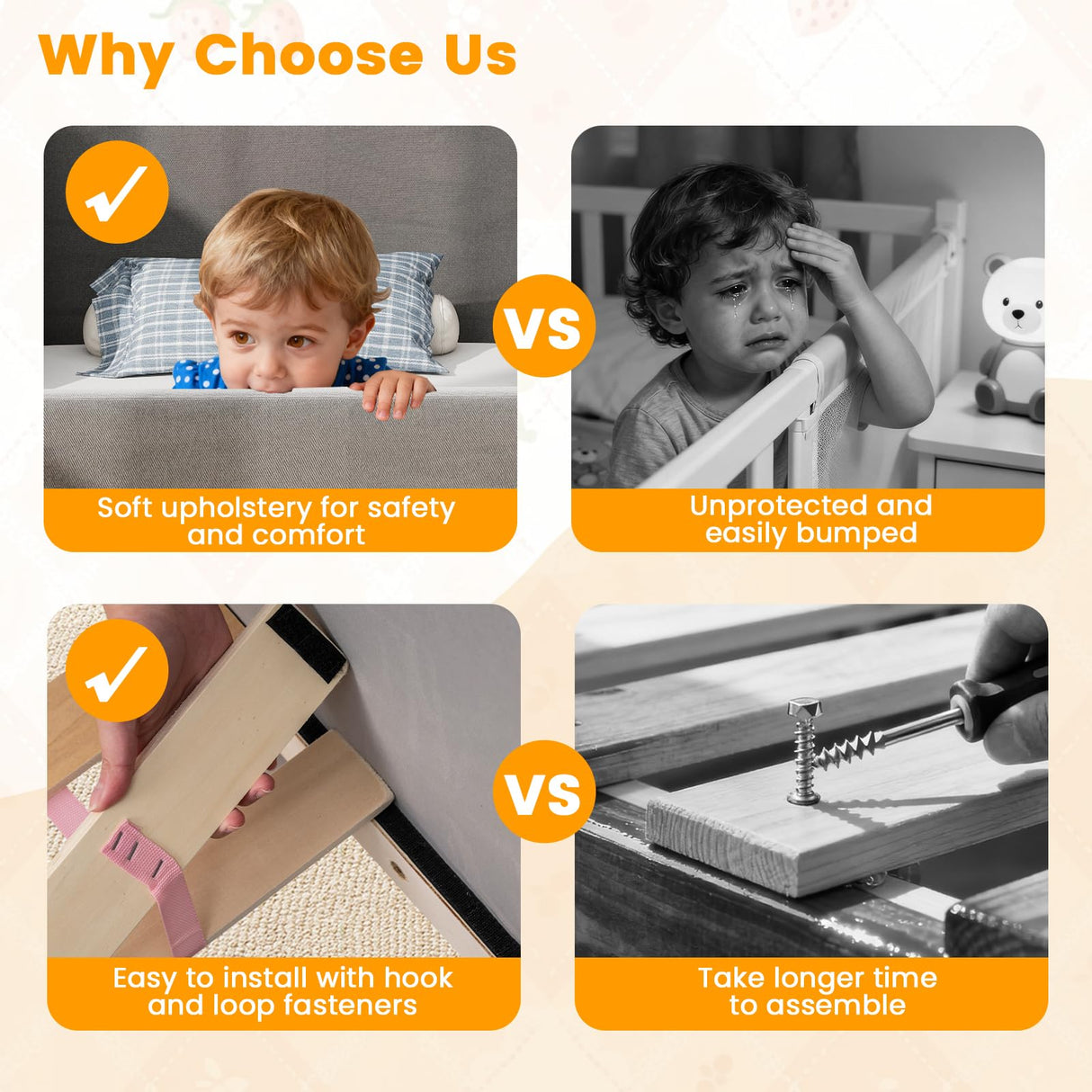 Velvet Fabric Children Floor Bed with Safety Rails and Headboard