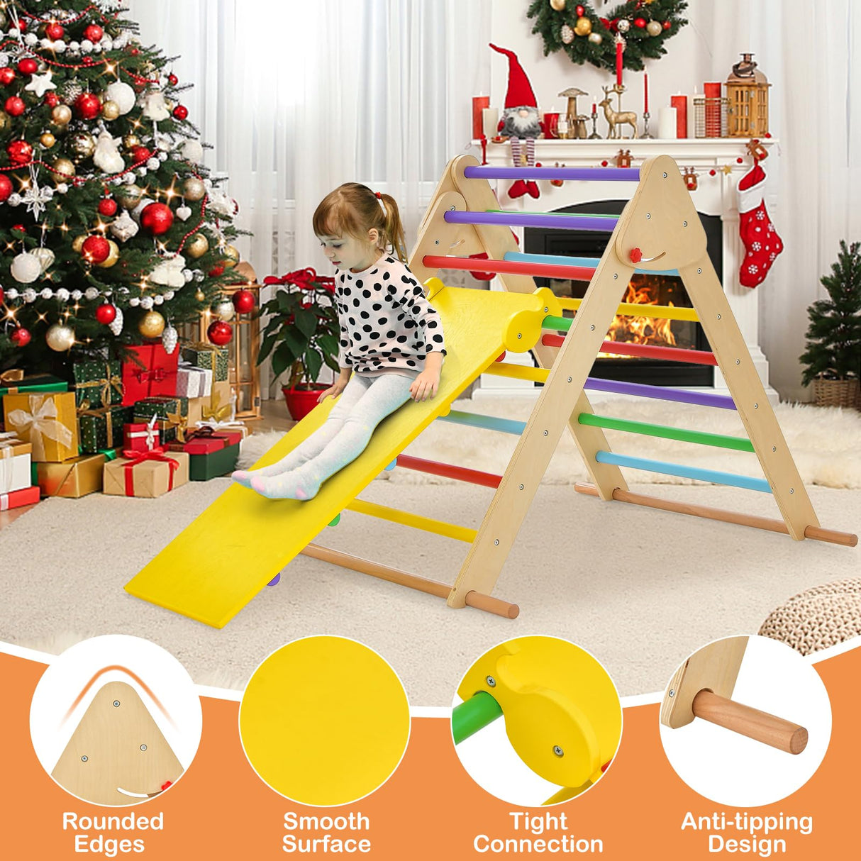 HONEY JOY Kids Climbing Triangle Playset, Foldable Climbing Triangle Ladder w/Adjustable & Reversible Ramp