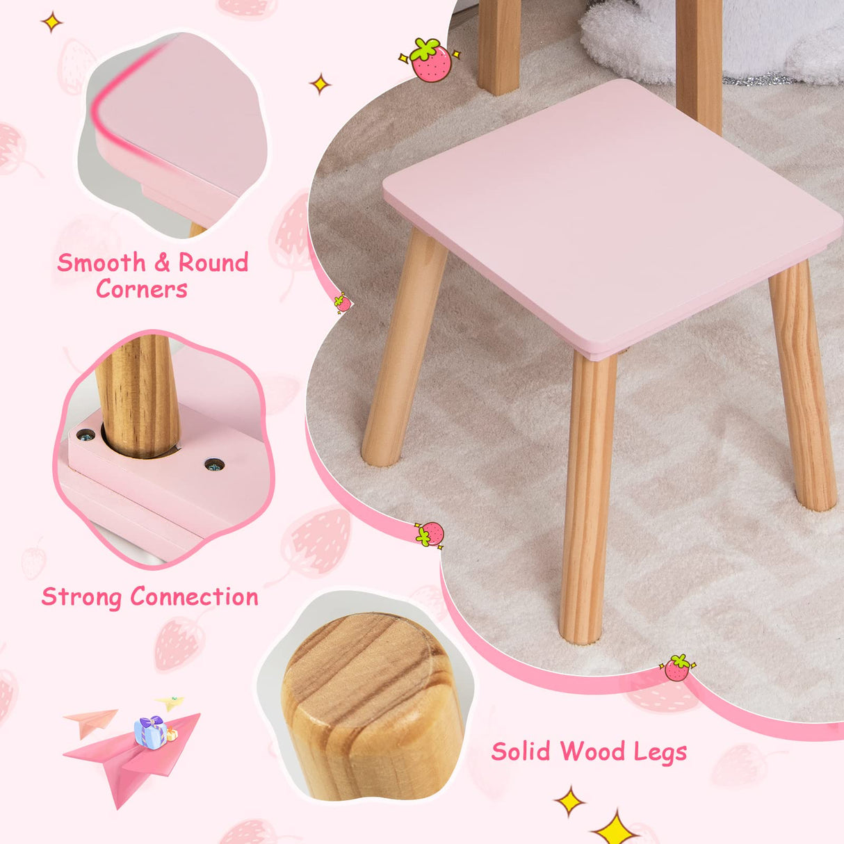 HONEY JOY 2-in-1 Kids Vanity Set, Wooden Kids Dressing Table with Stool, Strawberry-Shaped Mirror & Practical Drawer