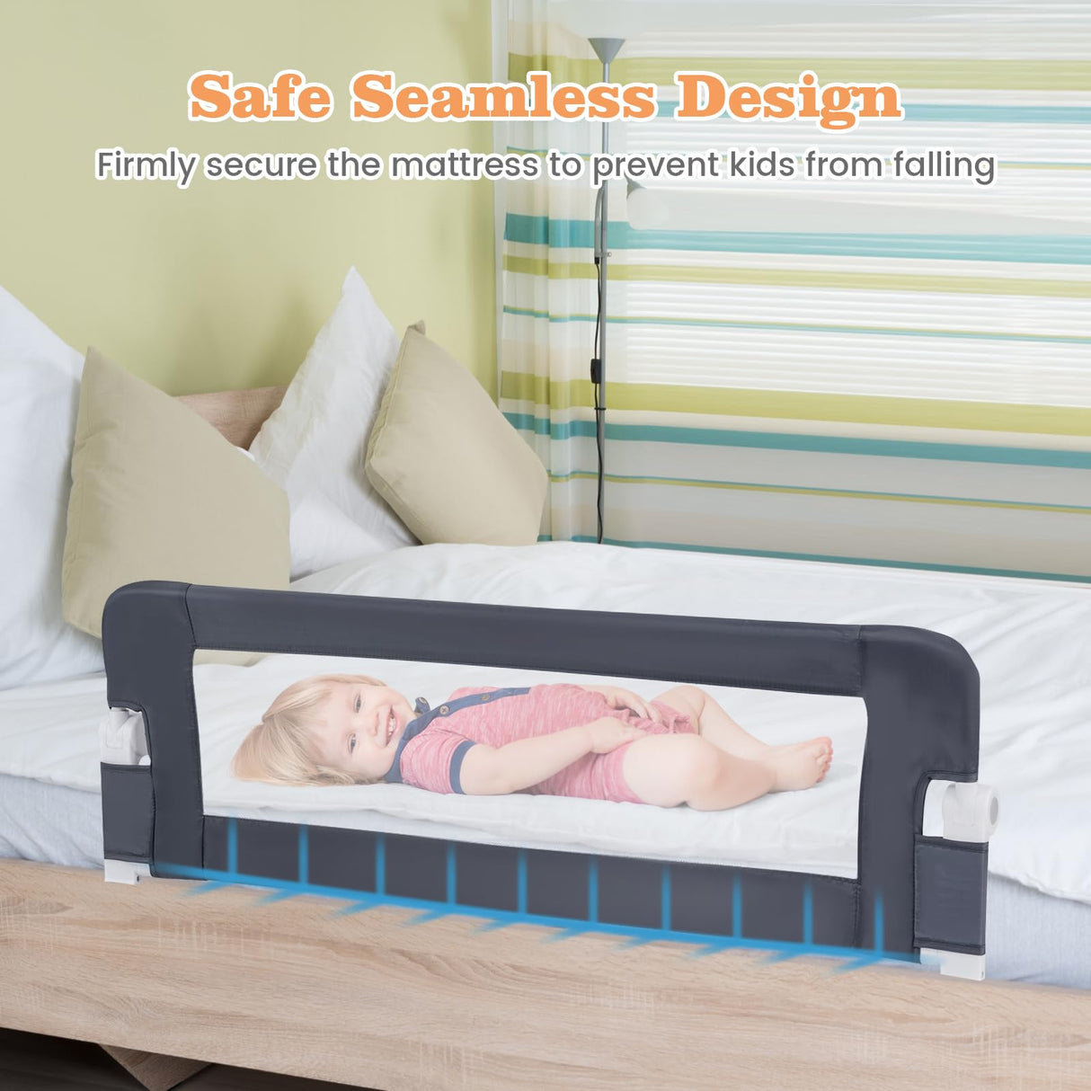 BABY JOY 120 cm Bed Rail Guard for Toddlers, Universal Baby Fold Down Bed Rail w/Adjustable Safety Strap & Breathable Mesh