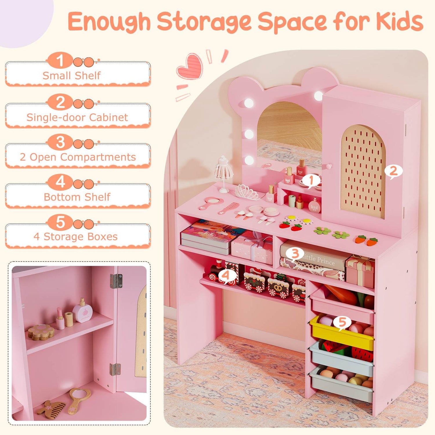 Princess Makeup Dressing Table with 3-Color Lighted Mirror and Cabinet – Babyjoy