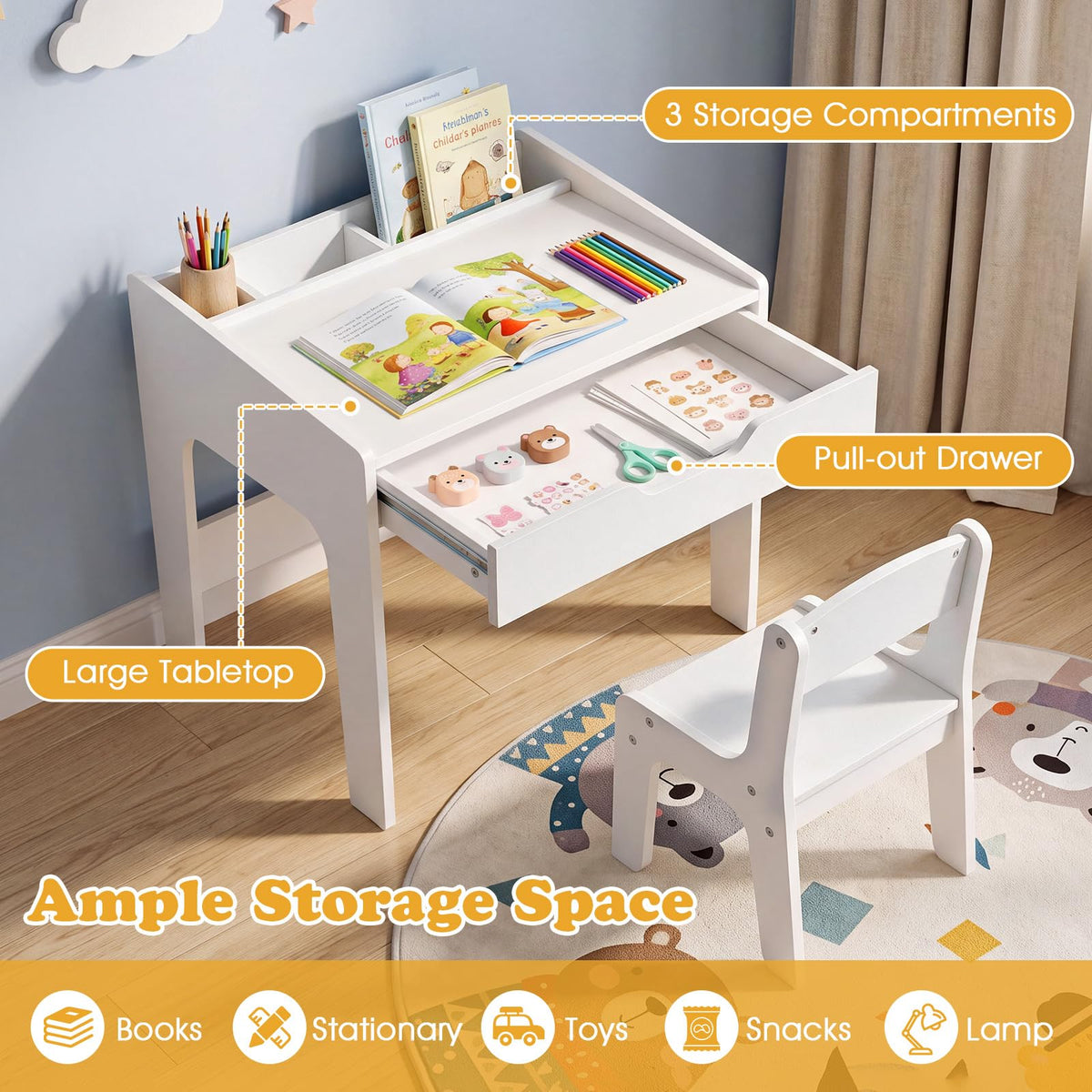 HONEY JOY Kids Desk & Chair Set, Wooden Student Study Table