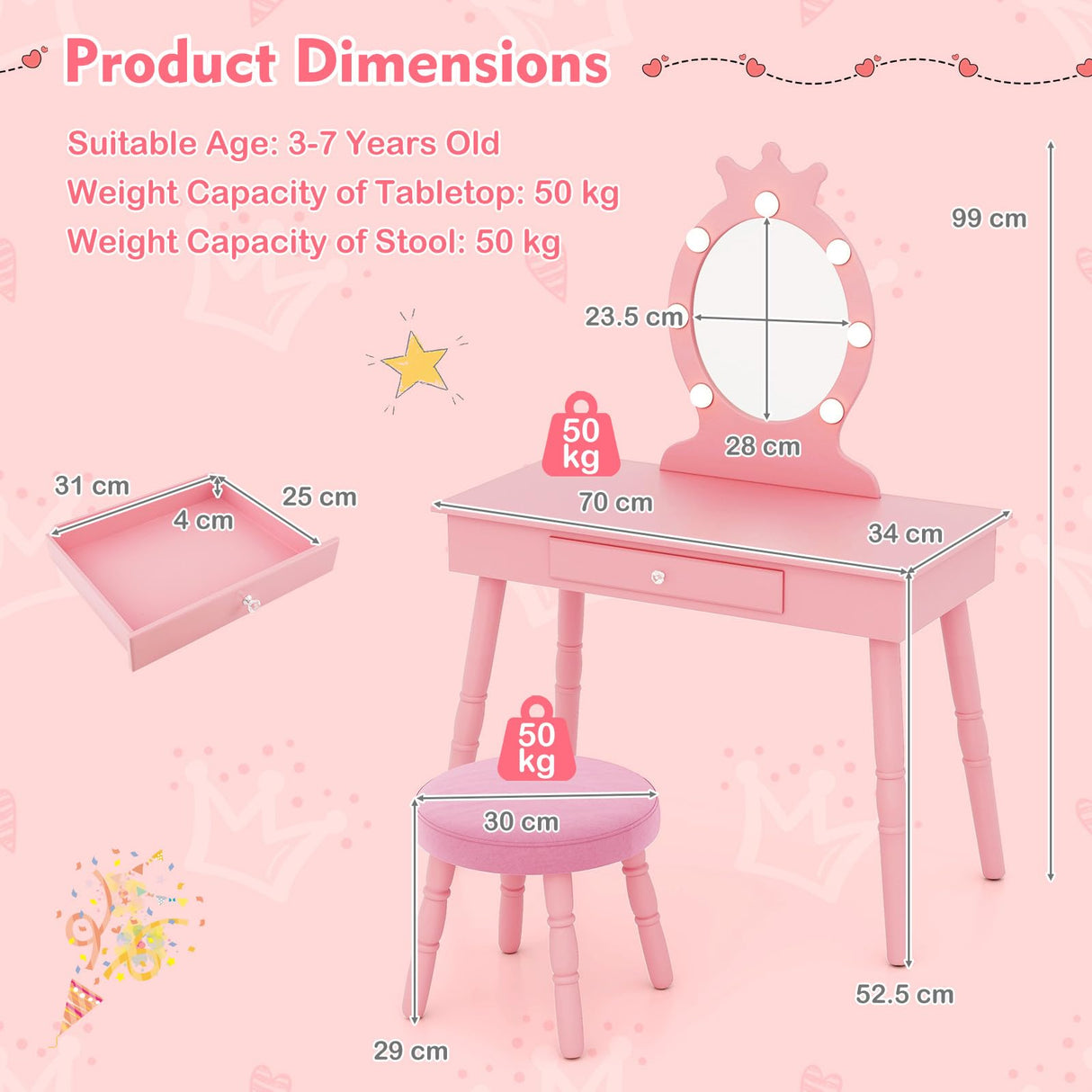 HONEY JOY Kids Vanity Set with LED Lighted Mirror & Stool