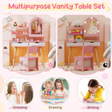 Kids Vanity Set, Pretend Play Dressing Table Set w/3-Color Lighting Modes