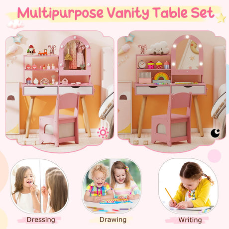Kids Vanity Set, Pretend Play Dressing Table Set w/3-Color Lighting Modes