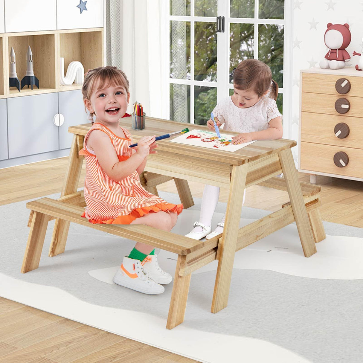 Kids Picnic Table, 4 in 1 Wooden Table & Bench Set with Removable Top & 2 Storage Boxes