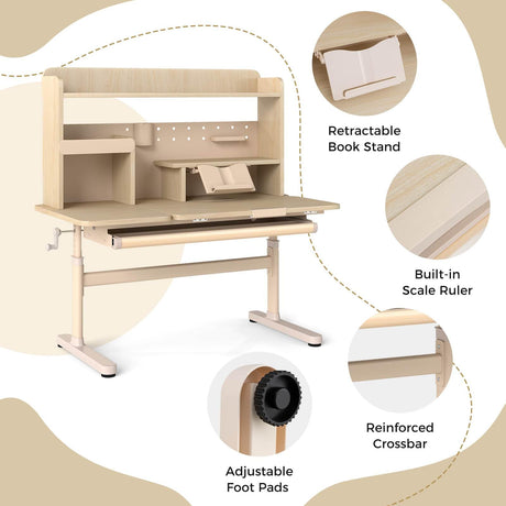 Height Adjustable Writing Table with Tilt Retractable Book Stand