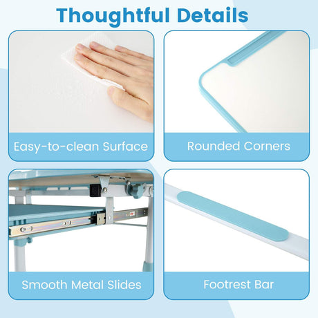 Product features with text labels on a blue background
