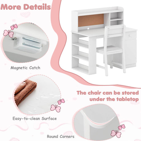 Kids Desk and Chair Set, Children Study Desk with Chair, Hutch & 3-Layer Side Shelf