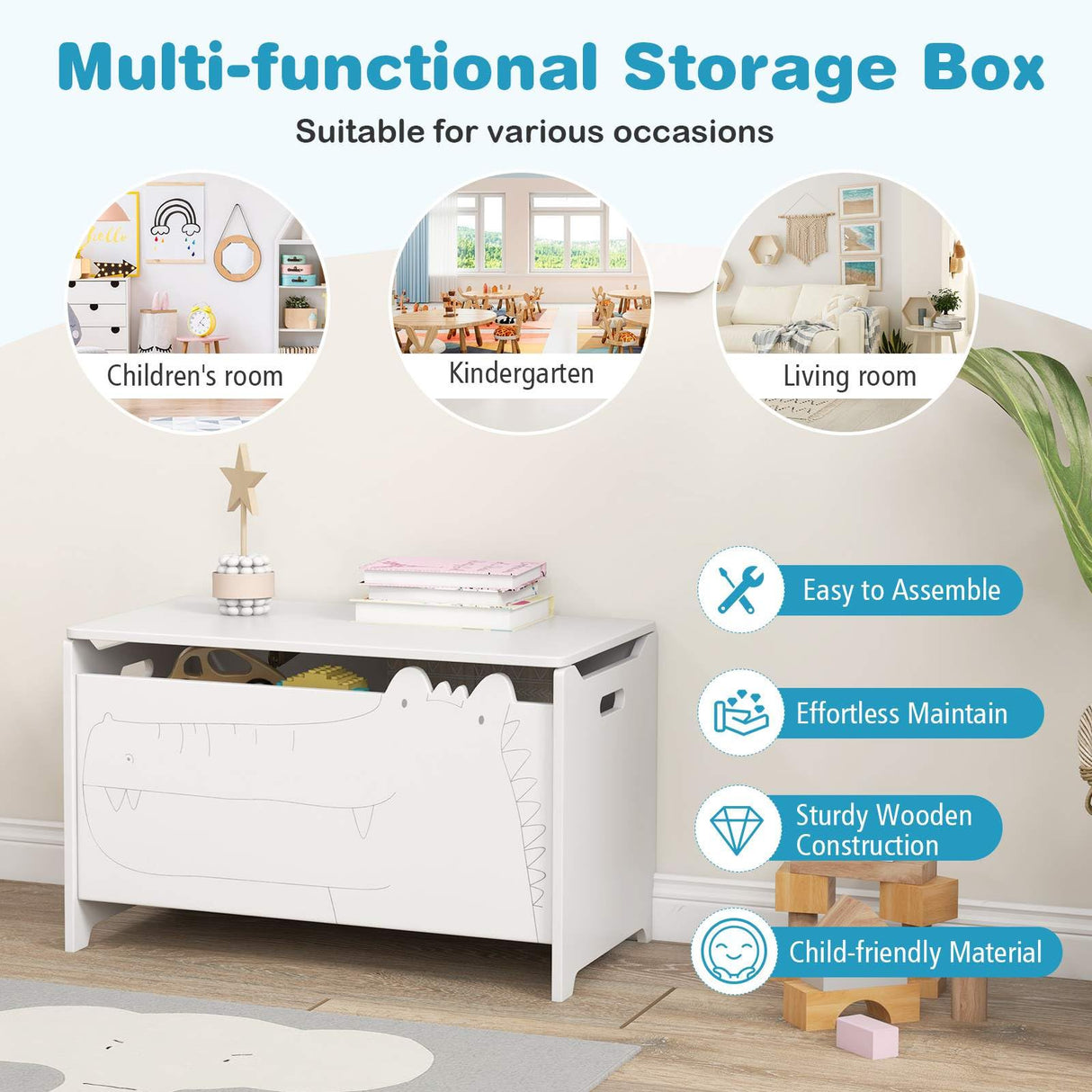 Kids Toy Box Storage Chest, Wooden Trunk Bench w/ Safety Hinge, Children Storage Box w/ Handles