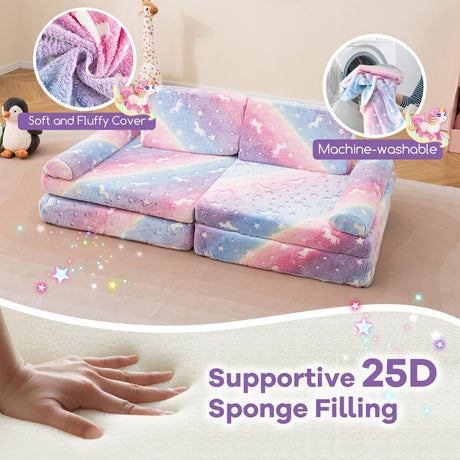 HONEY JOY 8 PCS Modular Kids Play Couch, Glow in The Dark Toddler Sectional Sofa