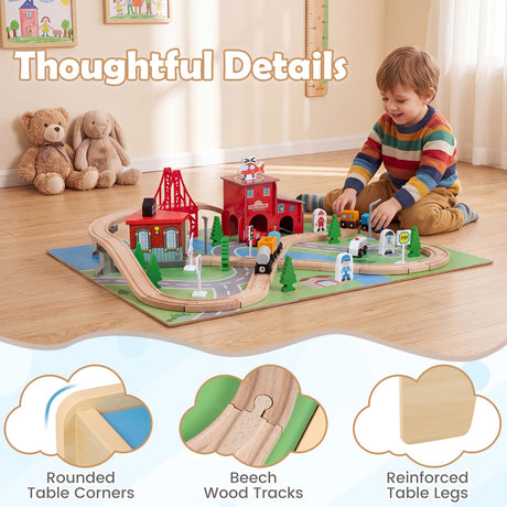 HONEY JOY 63-Piece Kids Wooden Train Table w/Storage Drawer