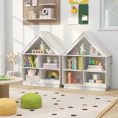 Kids Dollhouse Bookshelf, 3-Tier House-Shaped Storage Organizer w/ Open Shelves