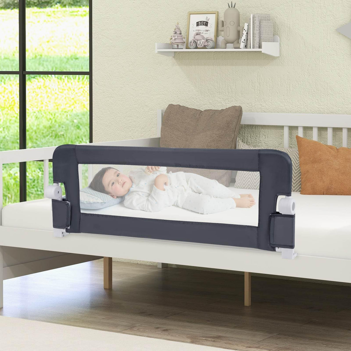 BABY JOY 120 cm Bed Rail Guard for Toddlers, Universal Baby Fold Down Bed Rail w/Adjustable Safety Strap & Breathable Mesh