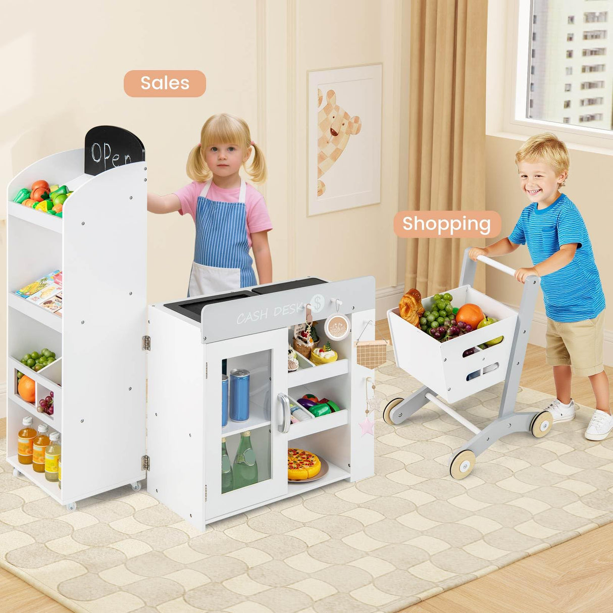 Kids Grocery Store Playset, Convertible Wooden Play Store with Shopping Cart