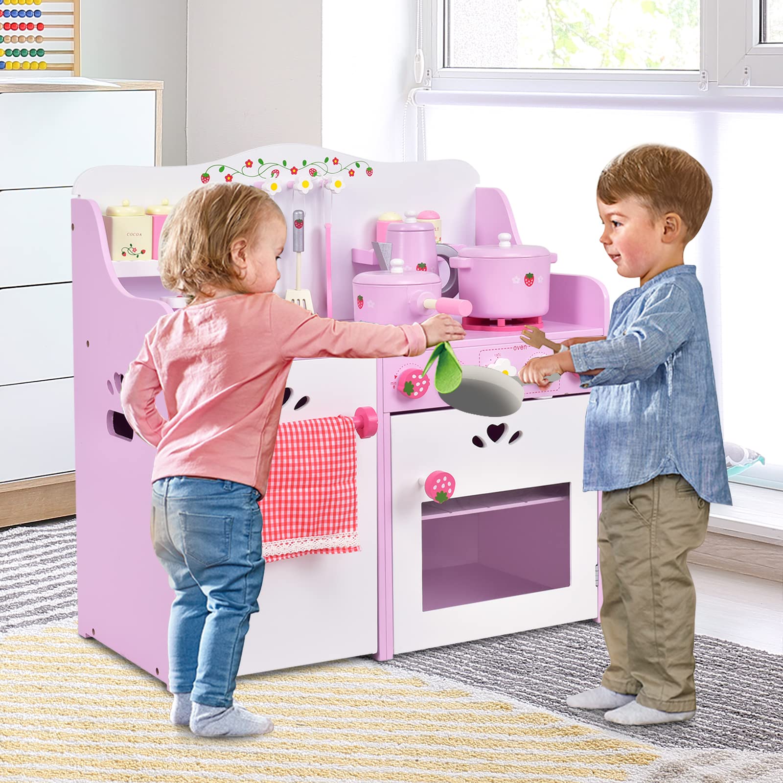 HONEY JOY Kids Kitchen Playset, Wooden Strawberry Themed Pretend