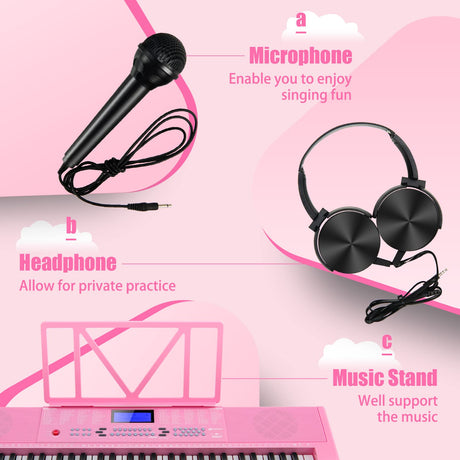 HONEY JOY 61 Key Piano Keyboard, Portable Electronic Keyboard Piano with Lighted Keys, LCD Screen (Pink)