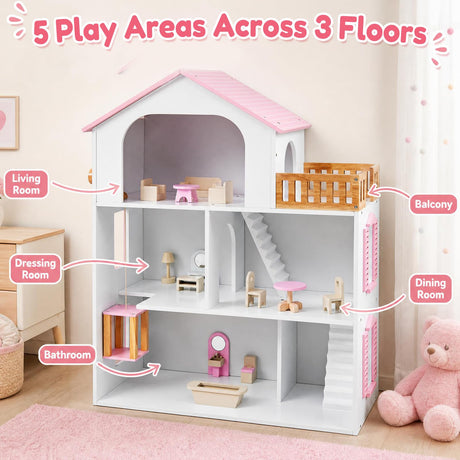 HONEY JOY 3-Story Wooden Dollhouse Playset for Kids