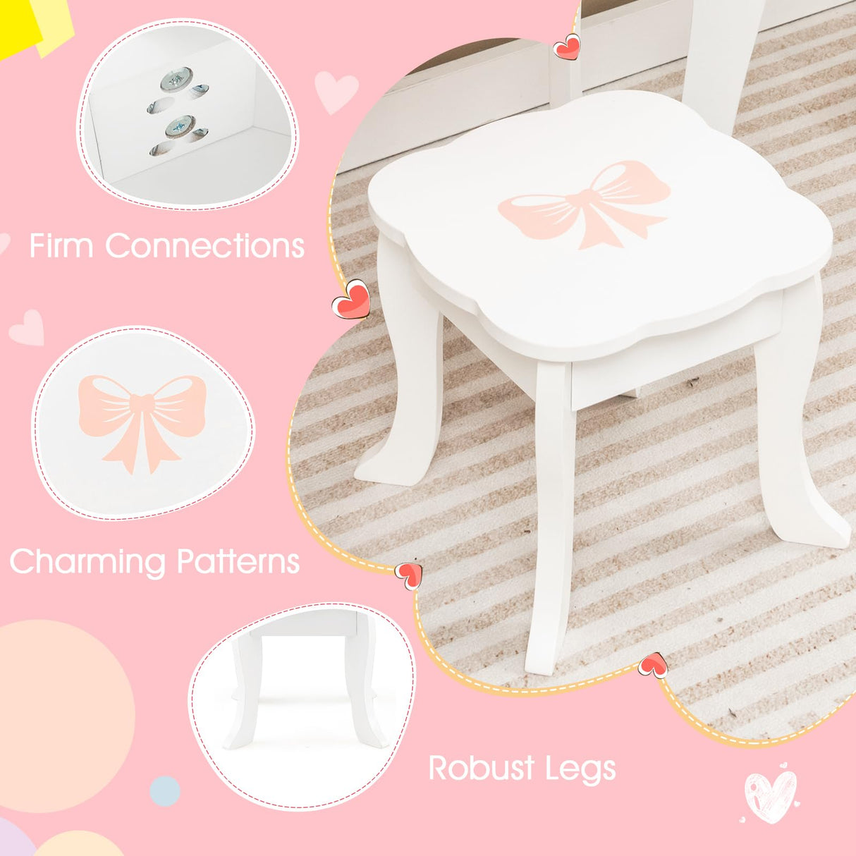 HONEY JOY Kids Vanity Set, Dressing Table w/Mirror and Stool, Accessories, Drawer, Wooden Princess Makeup Dressing Table(Heart-Shaped Mirror)