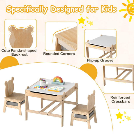 4-in-1 Kids Table and Chairs Set with Reversible Whiteboard for Arts Bear Style