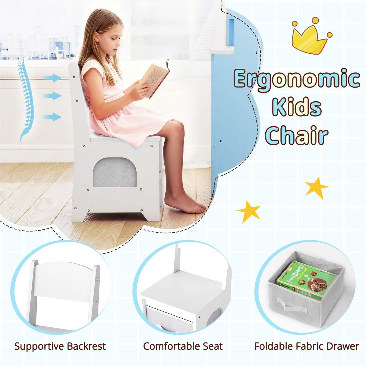 HONEY JOY Corner Kids Vanity with Lights, Princess Vanity Table & Chair Set