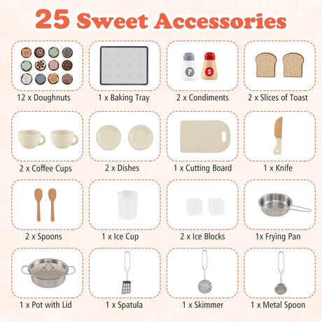 25 sweet accessories including doughnuts, a baking tray, condiments, toast, coffee cups, dishes, a cutting board, knife, spoons, an ice cup, ice blocks, a frying pan, pot with lid, spatula, skimmer, and metal spoon on a beige background.