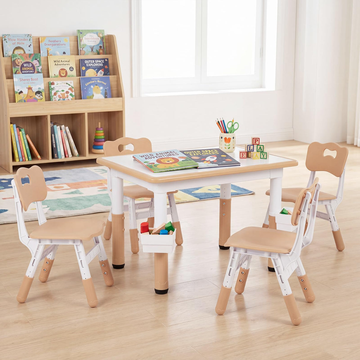 HONEY JOY Kids Table and 4 Chairs Set, Height Adjustable Toddler Desk and Chair Set