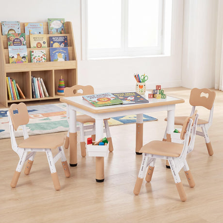 HONEY JOY Kids Table and 4 Chairs Set, Height Adjustable Toddler Desk and Chair Set