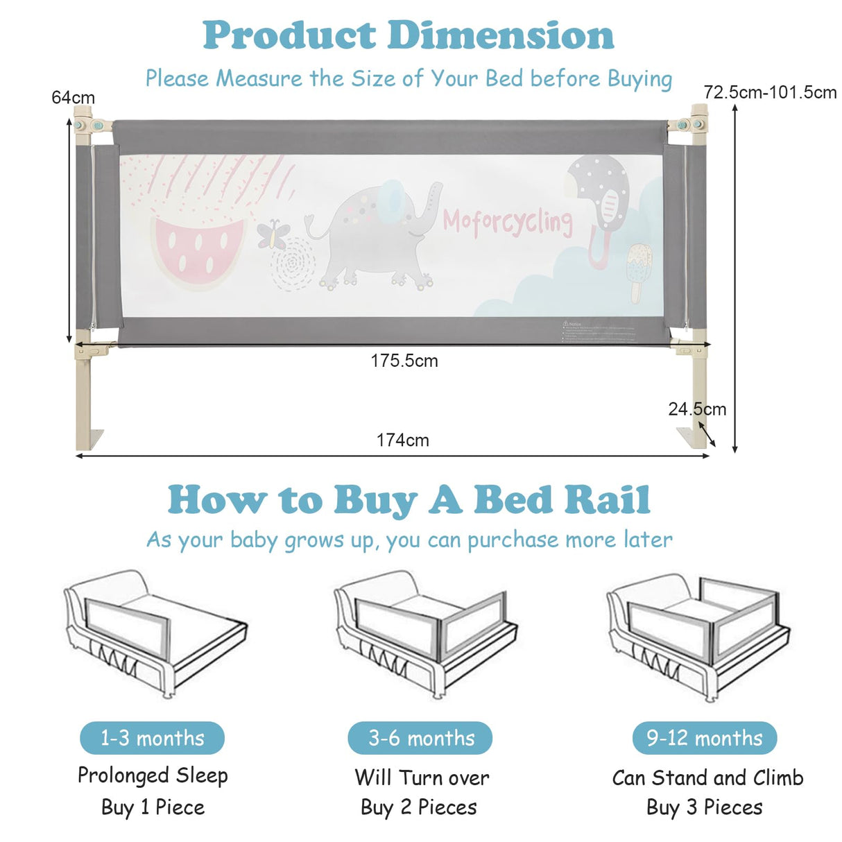 176CM Toddler Bedrail, 72.5-101.5 CM Extra Tall Bed Guardrail w/Anti-Collision Cotton