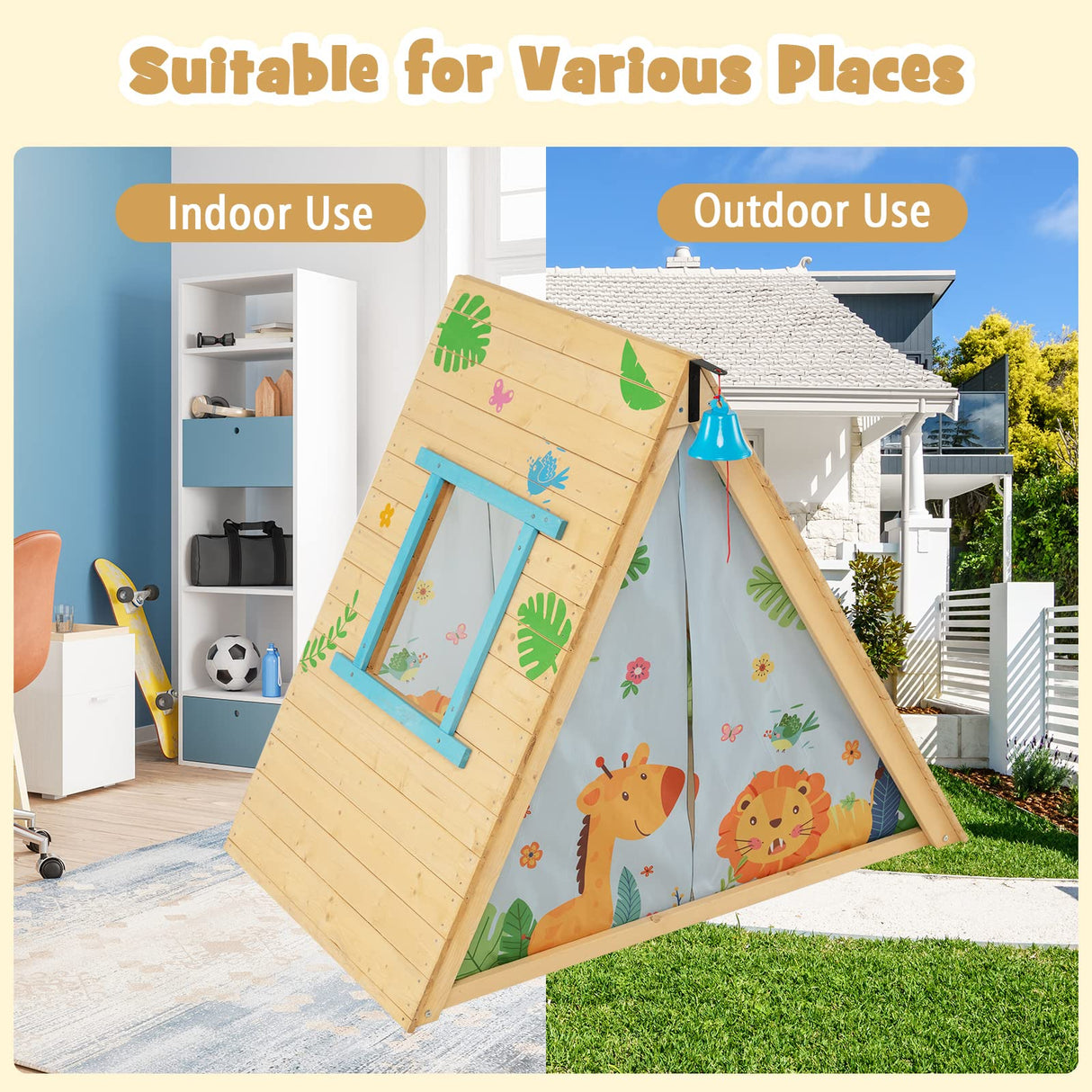 HONEY JOY Kids Triangle Climber with Tent, 2 in 1 Wooden Climbing Triangle Toys w/Climbing Wall