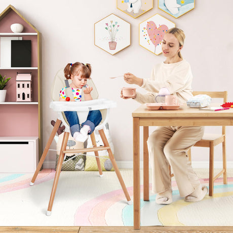 BABY JOY Baby High Chair, Wooden Highchair for Babies Infants w/Double 4-Gear Tray