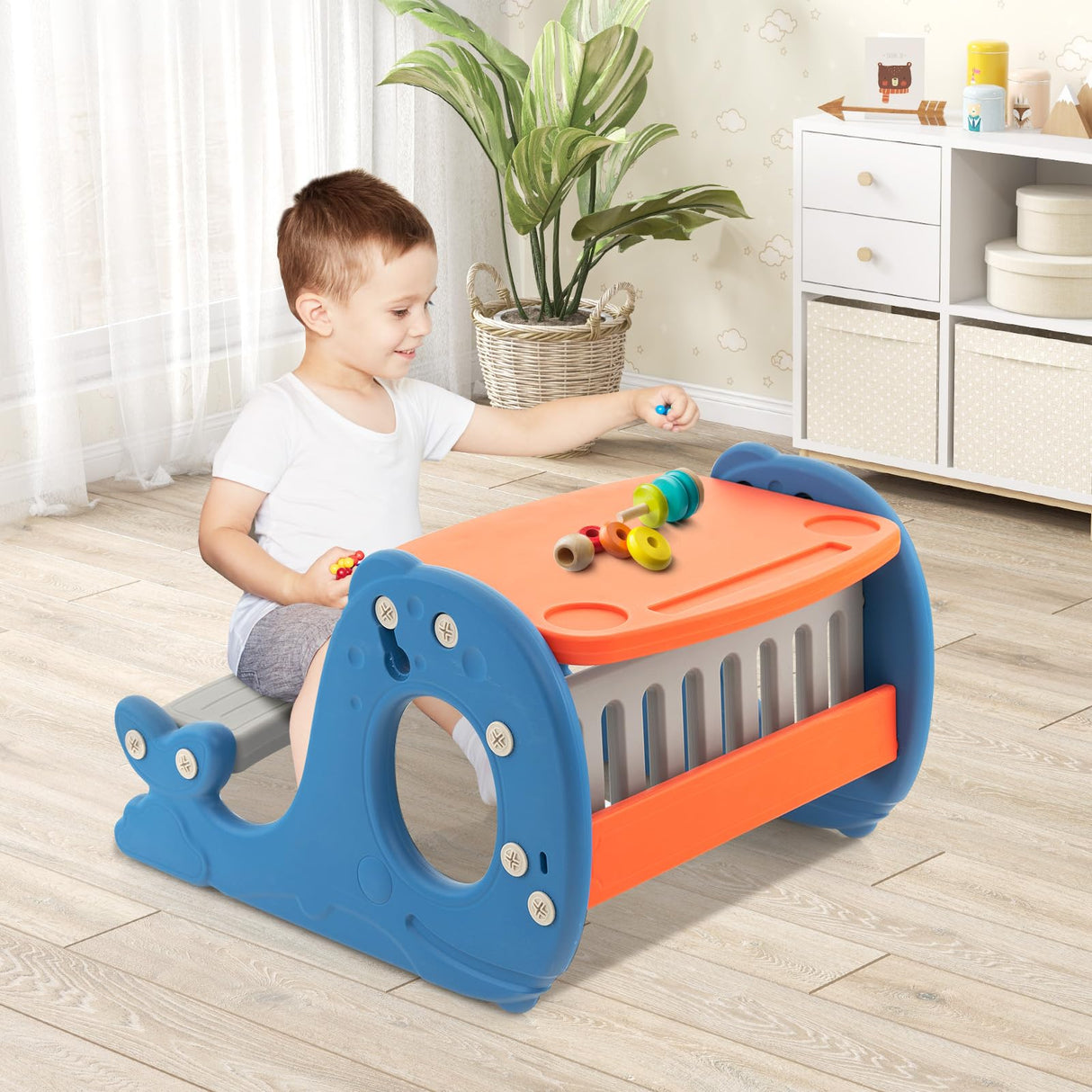 HONEY JOY Convertible Kids Activity Table Set, Multi-Functional Angle-Adjustable Toddler Easel w/Erasable Whiteboard, Whale Shape