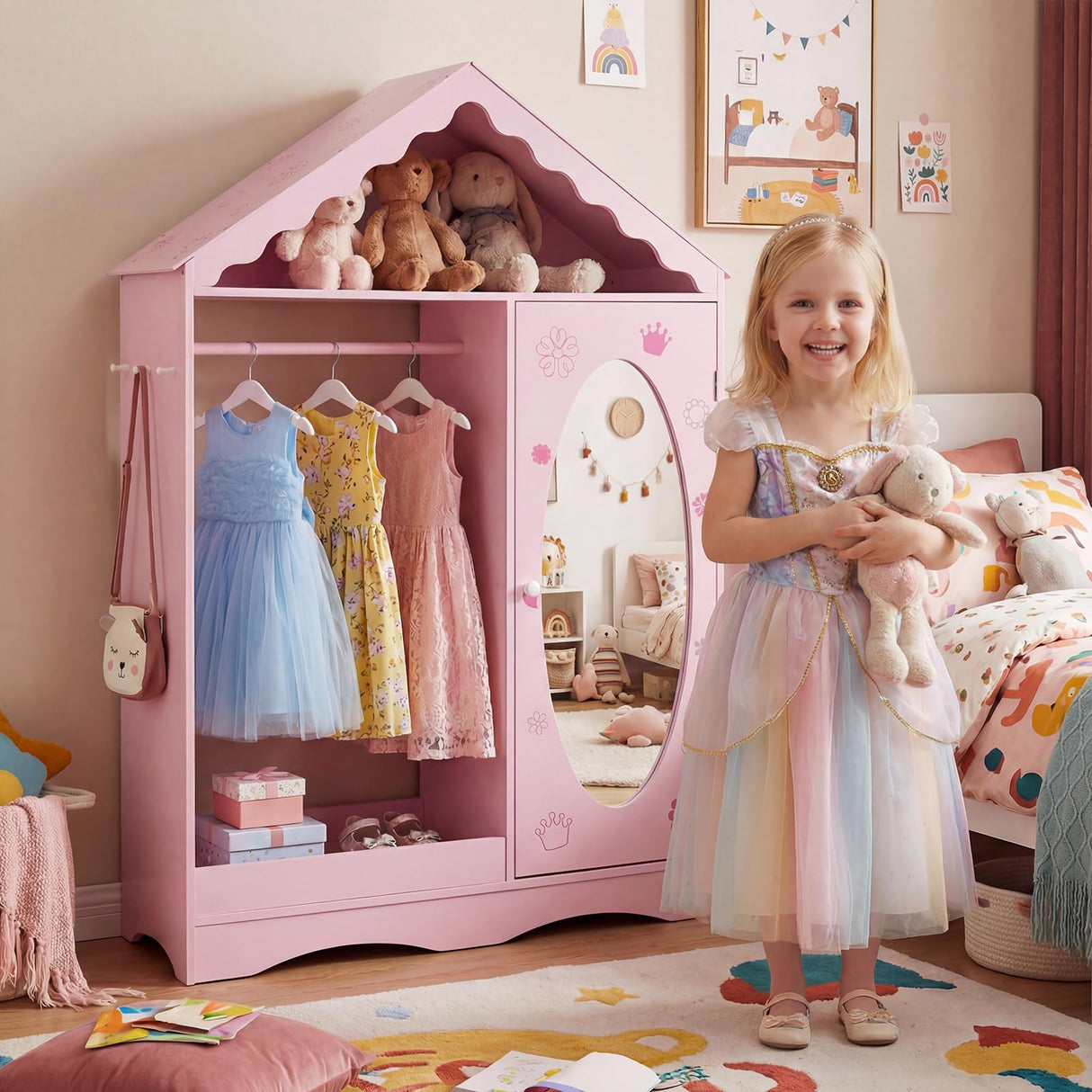 HONEY JOY Kids Clothing Rack with Mirror, Children Dress Up Center