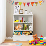 Children's room with a white bookshelf filled with toys and books, colorful flags on the wall.
