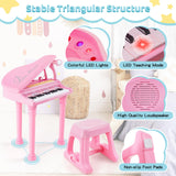 HONEY JOY 31 Keys Kids Piano Keyboard with Stool, Multifunctional Toy Piano with Microphone, Piano Lid (Pink)