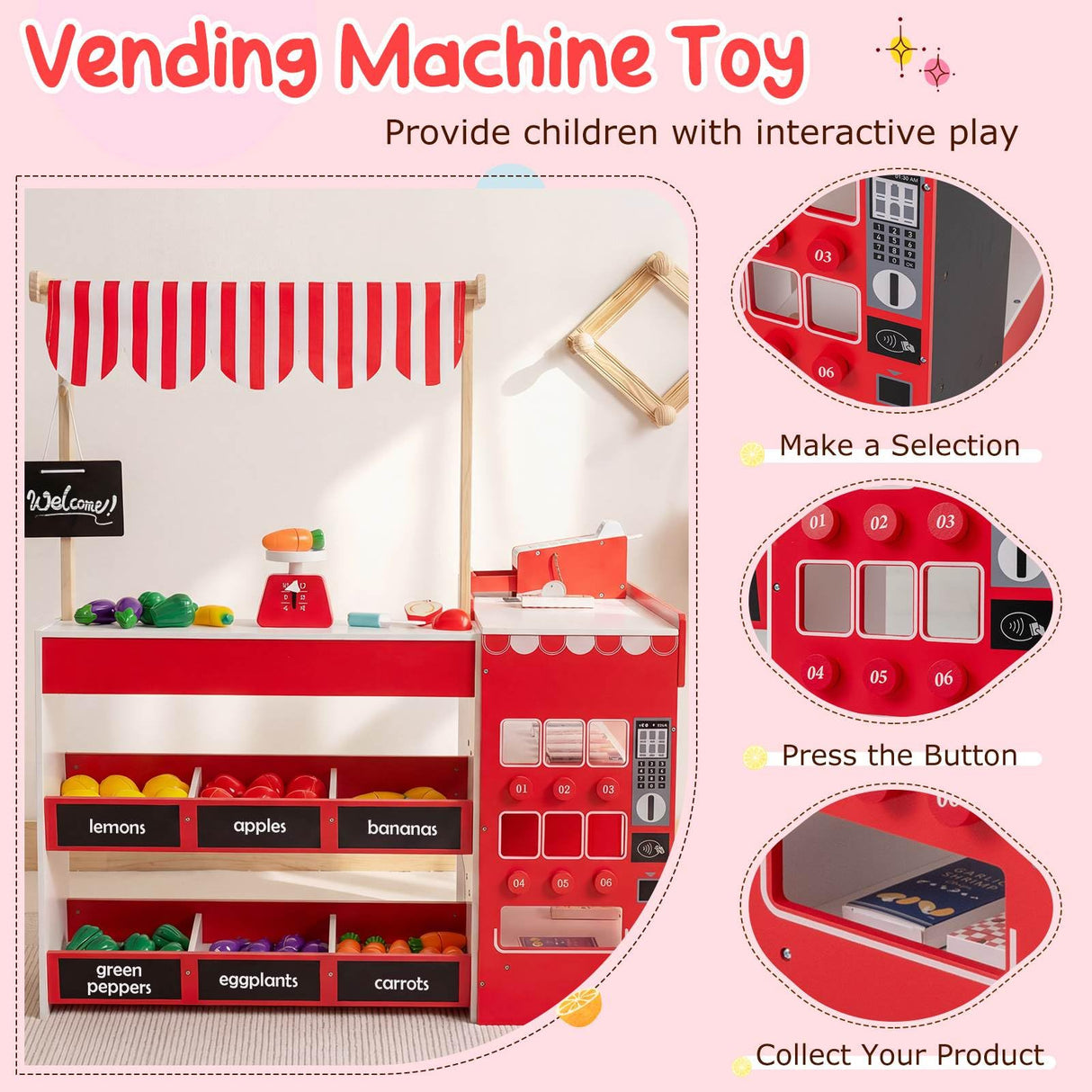 Kids Grocery Store Playset, Wooden Pretend Play Supermarket w/Shopping Cart
