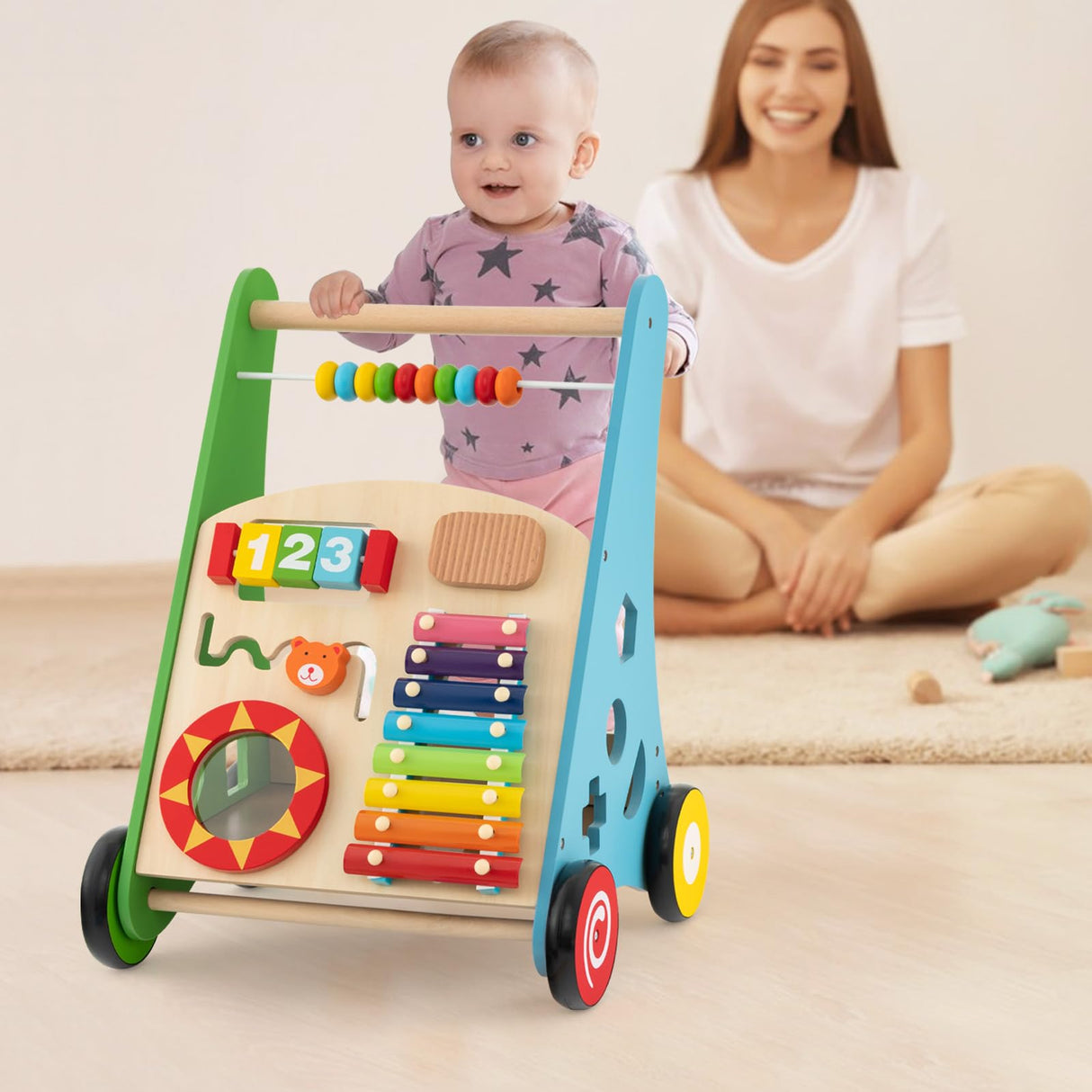 BABY JOY Wooden Baby Walker, Push and Pull Sit-to-Stand Learning Walker Activity Center(Colorful)