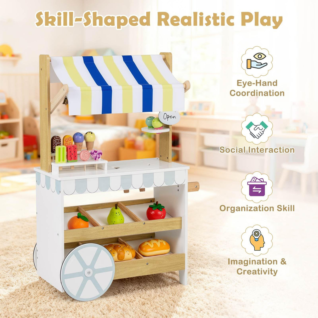 Wooden Ice Cream Cart for Kids, Pretend Play Set with Storage for 3+ Years Old