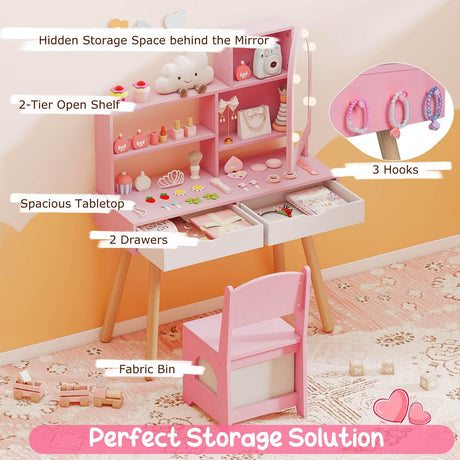 Kids Vanity Set, Pretend Play Dressing Table Set w/3-Color Lighting Modes