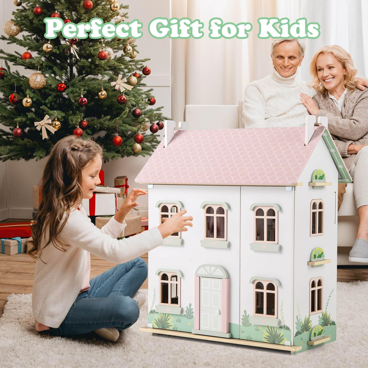 HONEY JOY Kids Wooden Dollhouse, 3 Level Doll House Playset