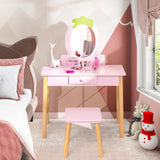 HONEY JOY 2-in-1 Kids Vanity Set, Wooden Kids Dressing Table with Stool, Strawberry-Shaped Mirror & Practical Drawer