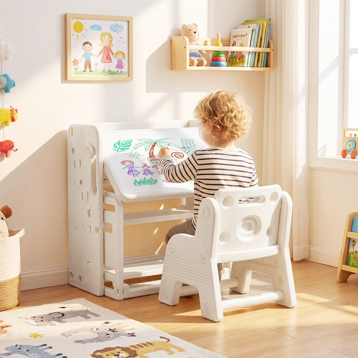 HONEY JOY Kids Desk and Chair Set, Children Writing Desk with Side Bookshelves & Storage Baskets