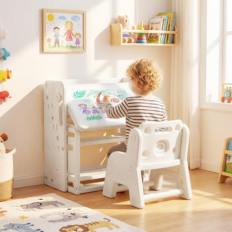 HONEY JOY Kids Desk and Chair Set, Children Writing Desk with Side Bookshelves & Storage Baskets