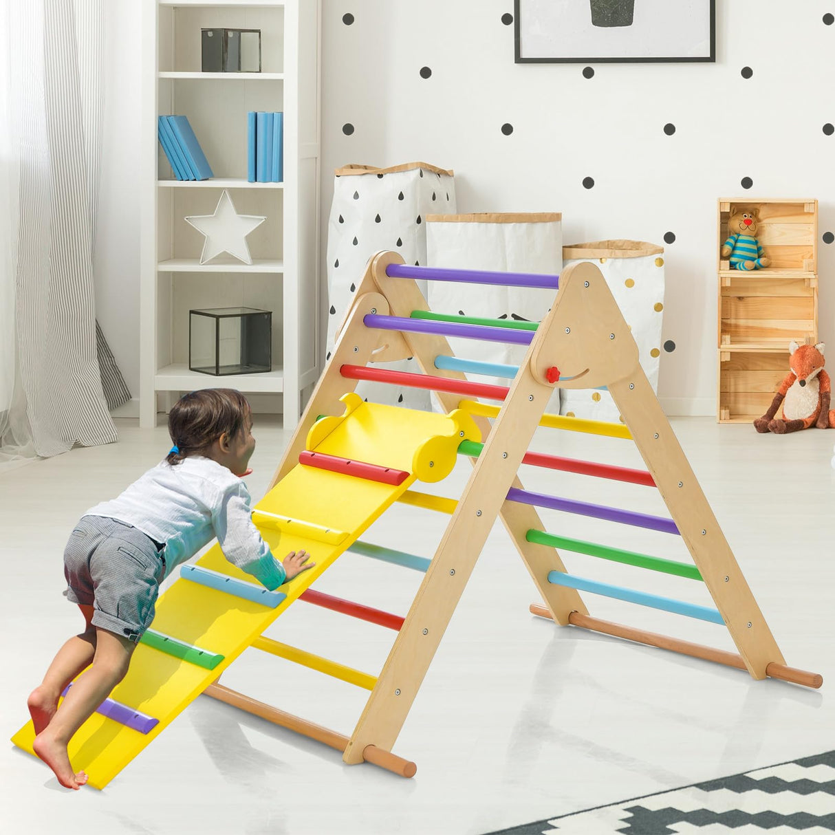 HONEY JOY Kids Climbing Triangle Playset, Foldable Climbing Triangle Ladder w/Adjustable & Reversible Ramp
