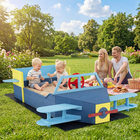 HONEY JOY Glider-Shape Kids Sandpit, Large Wooden Outdoor Sand Box w/Bench Seat