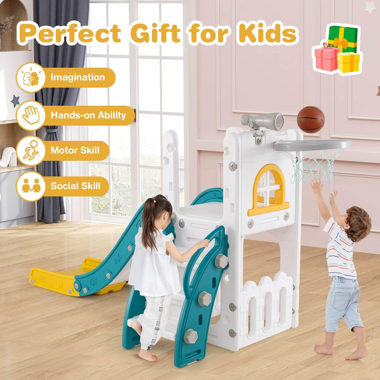 HONEY JOY 6 in 1 L-Shaped Toddle Slide for Toddlers Age 1-3