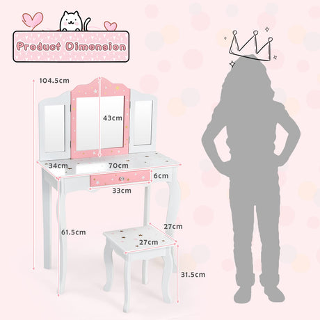 HONEY JOY Kids Pretend Play Vanity Set, 2-in-1 Wooden Princess Makeup Dressing Table w/Stool & Drawer