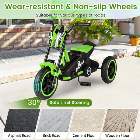 Green and black children's trike with wear-resistant and non-slip wheels on a patio.